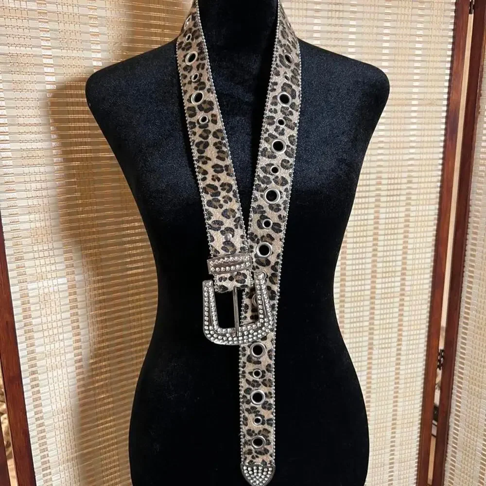 Leopard Print Rhinestone Western Belt Faux Leather M/L